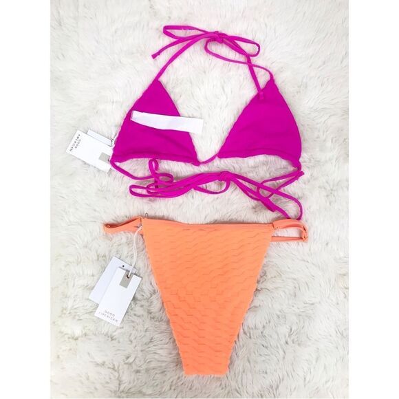 GOOD AMERICAN Triangle String Bikini Fuchsia Pink Neon Orange Small Large‎ New - Picture 2 of 10